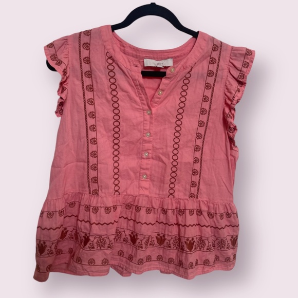 Ruffled Embroidered Peplum Business Casual Classy Chic Girly Hip Henley Blouse - Picture 2 of 5